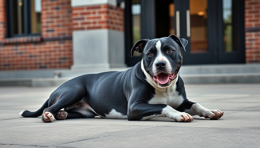 Oakland County dog resting on pavement near water dish.