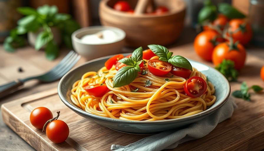 Freshly prepared one-pot spaghetti with tomatoes and basil.