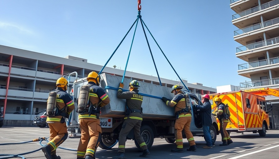 Western Wayne County Search and Rescue training simulation, responders lifting concrete slab.