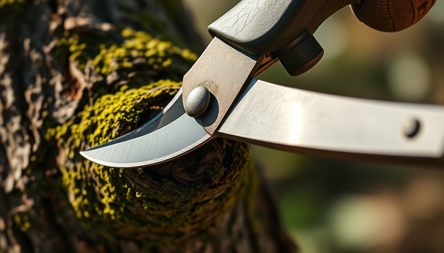 Close-up of pruning shears cutting a tree branch with moss.
