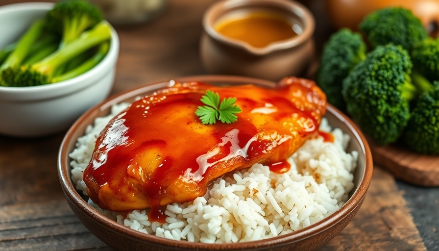 Honey butter chicken recipe with rice and broccoli served with sauce.
