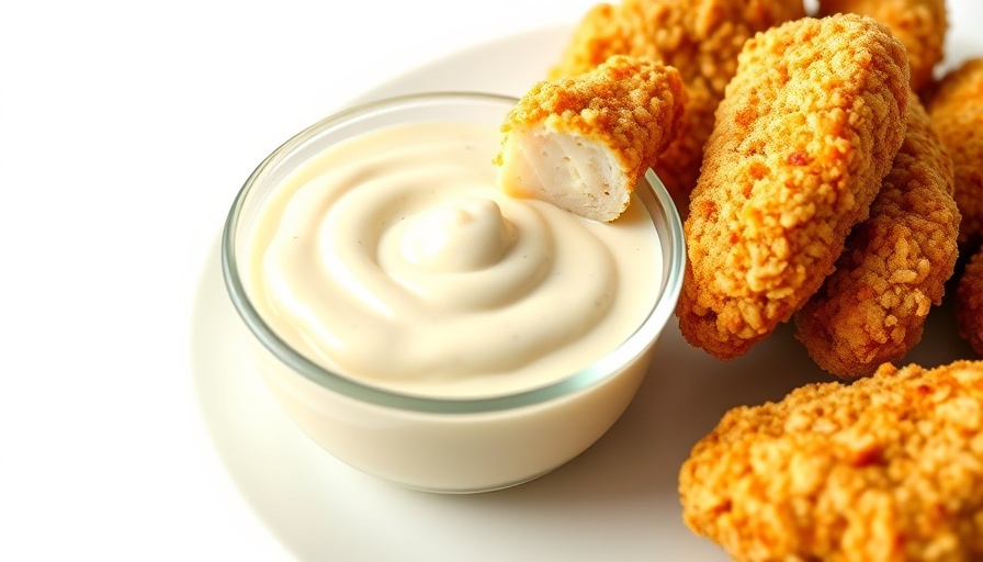 Best Chicken Dipping Sauce with crispy tenders on white plate.