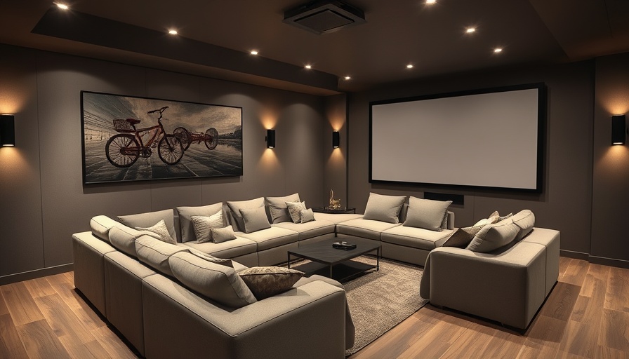 Modern basement home theater design with sectional sofa and screen.