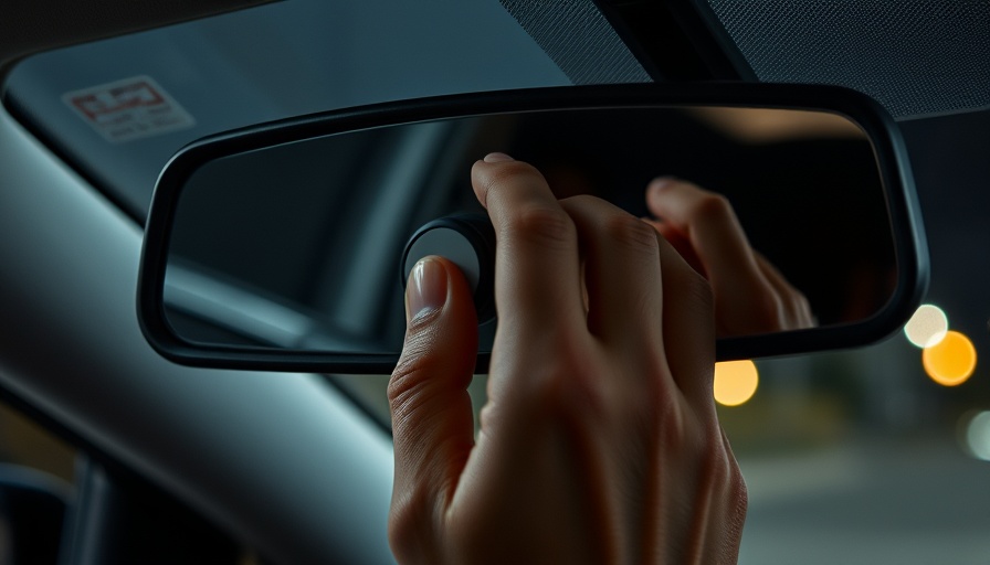 Close-up of hand adjusting rearview mirror night setting.