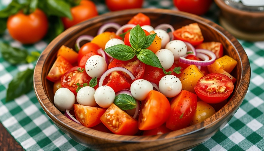 Simple tomato salad recipe in a wooden bowl with mozzarella.