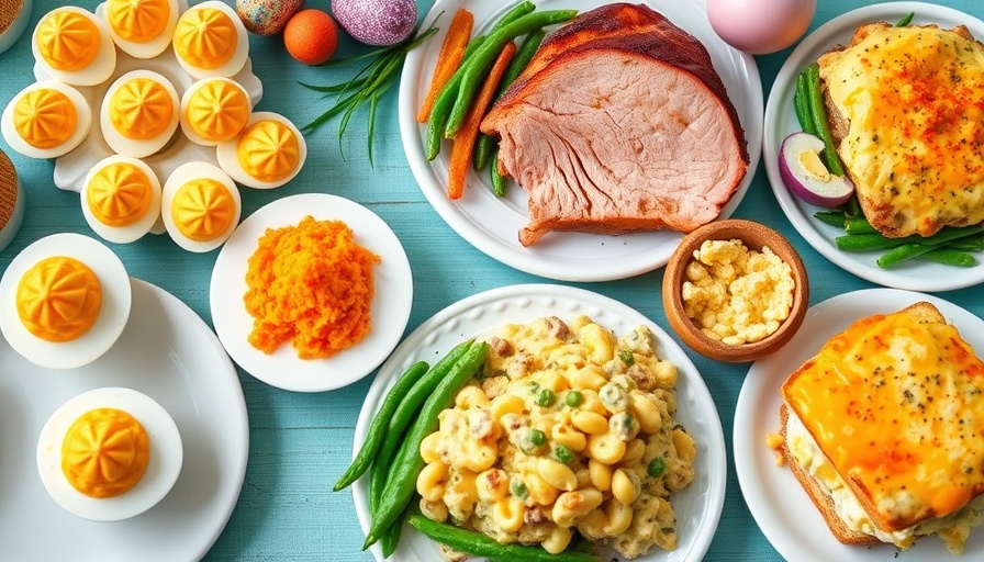 Colorful Easter meal collage with traditional dishes for Easter meal planning.