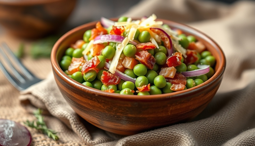 Vibrant bacon pea salad with cheese and onions in a rustic bowl.
