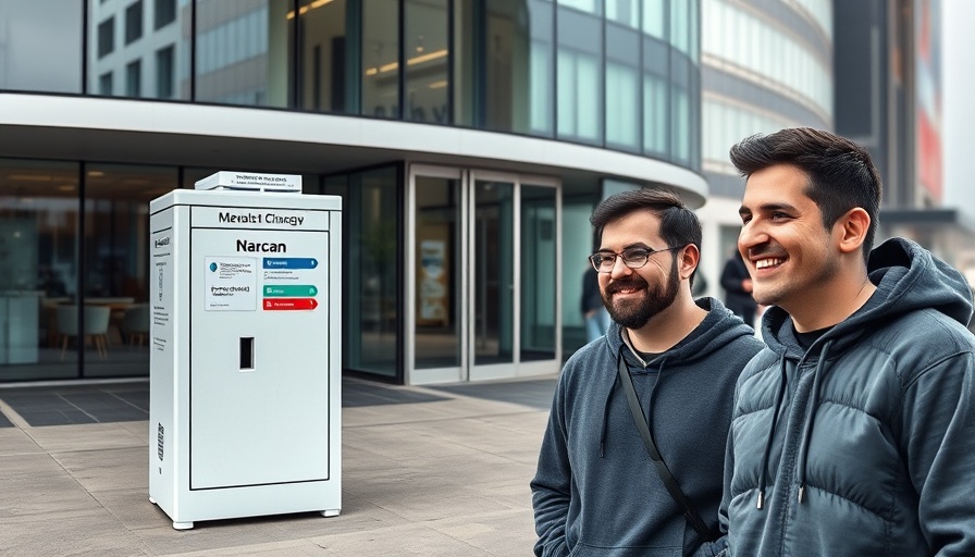 Narcan distribution box outside building with two men smiling nearby.