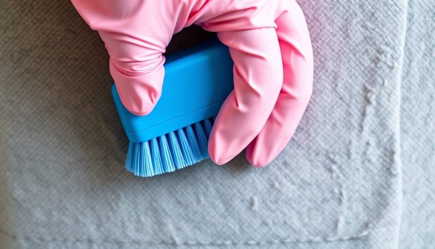 Home Cleaning Hacks: pink glove scrubbing gray fabric with blue brush.