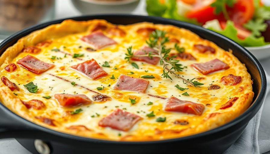 Freshly cooked ham and cheese frittata in skillet, bright scene, recipe view.