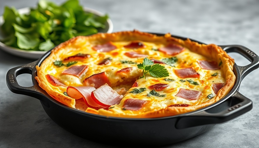 Delicious ham and cheese frittata in a skillet with salad