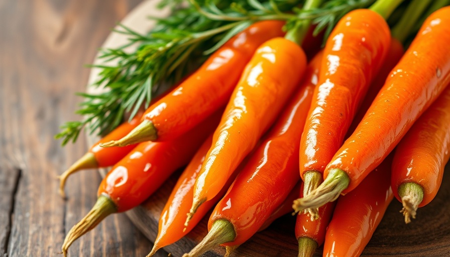 Brightly glazed carrots on a white plate with fresh herbs.