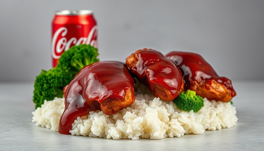 Coca Cola Chicken dish served with broccoli and rice.