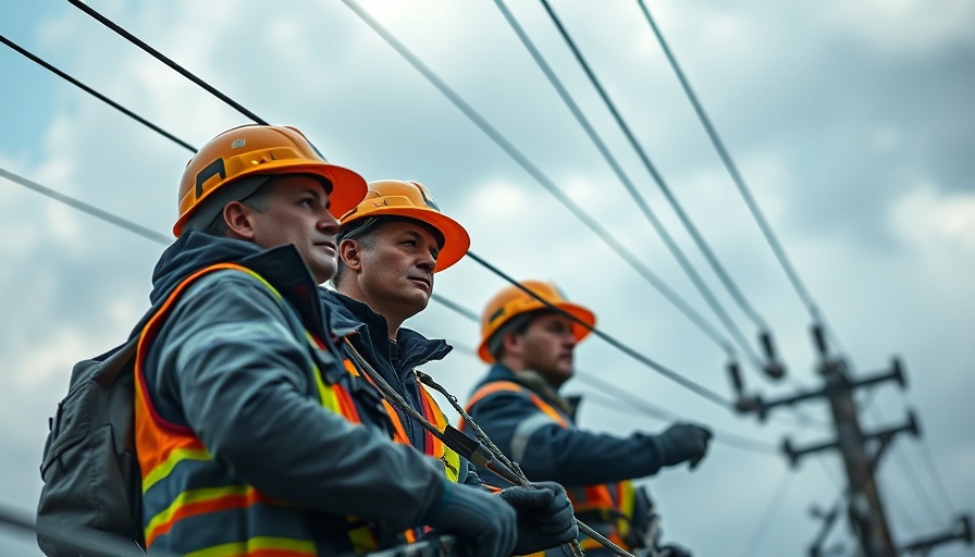 Utility workers reducing outages using smart devices, cloudy background.