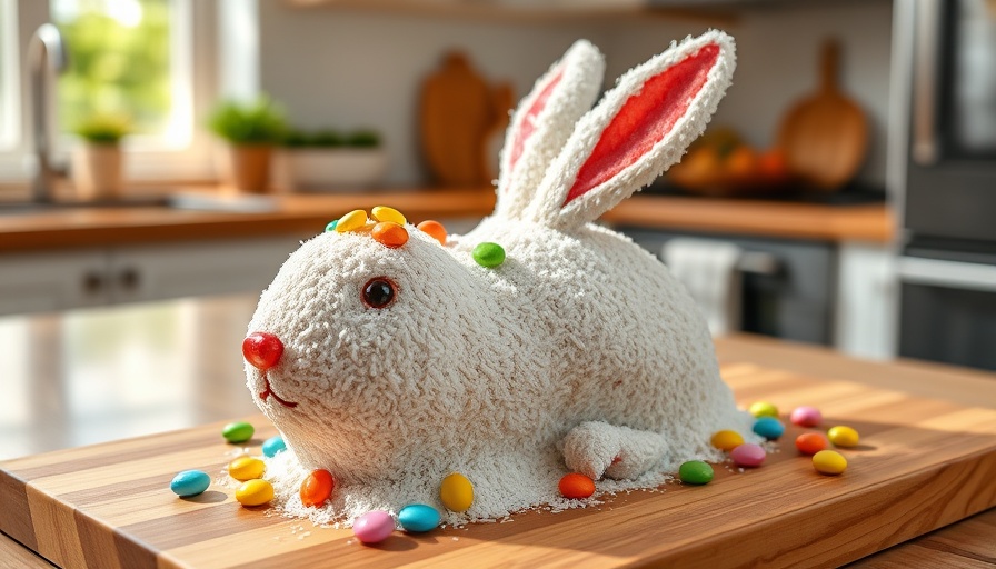 Easter bunny cake recipe with candy decorations on wooden board.