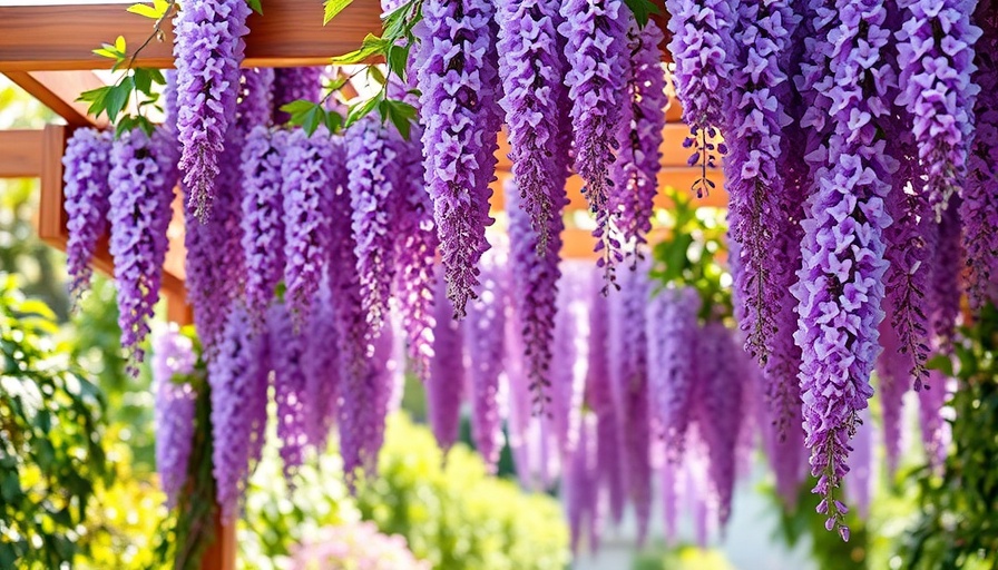 Lush purple wisteria vines hanging from a pergola, ideal for landscapes.