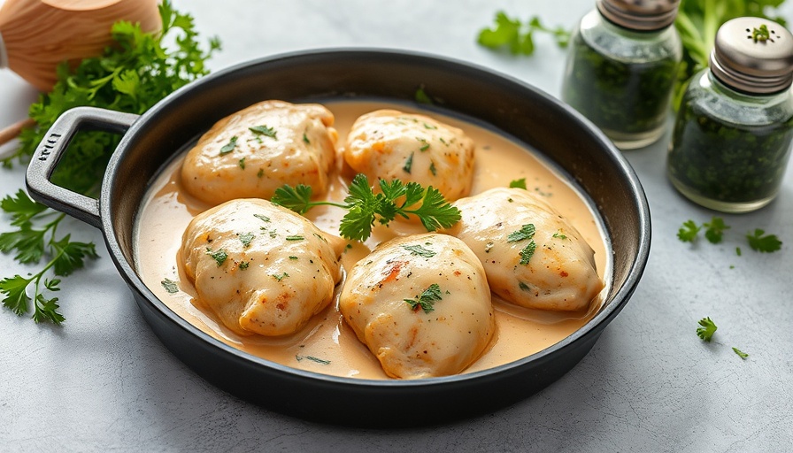 Creamy Garlic Chicken Recipe in a skillet with herbs.