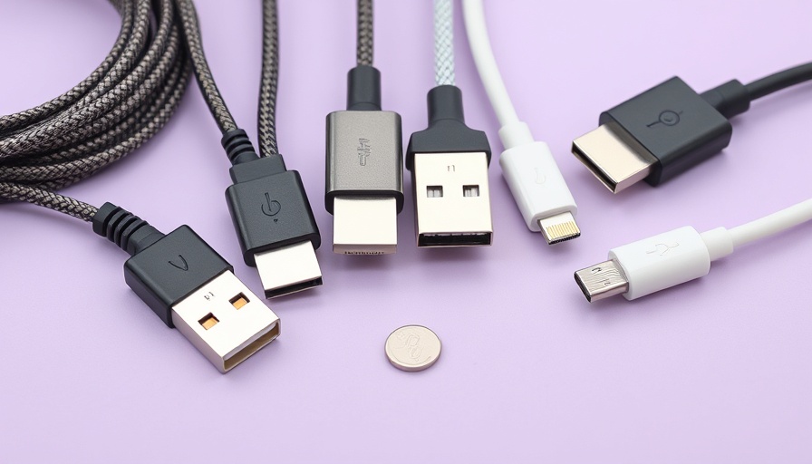 Various types of USB cables against a light purple background.