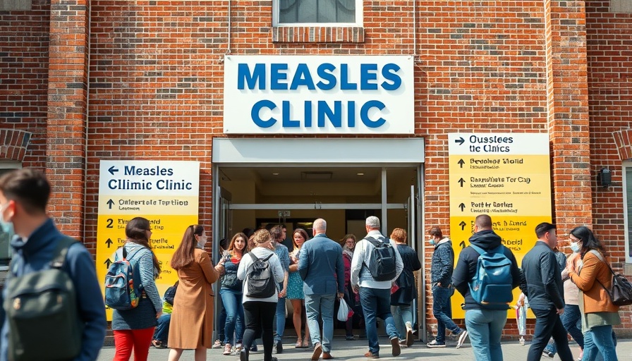 Entrance of measles clinic in Michigan during outbreak, people entering.