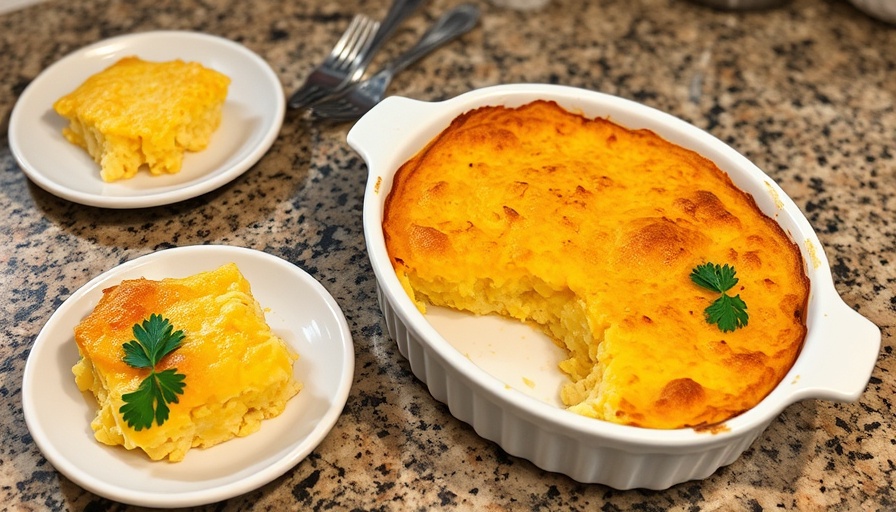 Freshly baked corn casserole in a white dish for a delicious recipe.