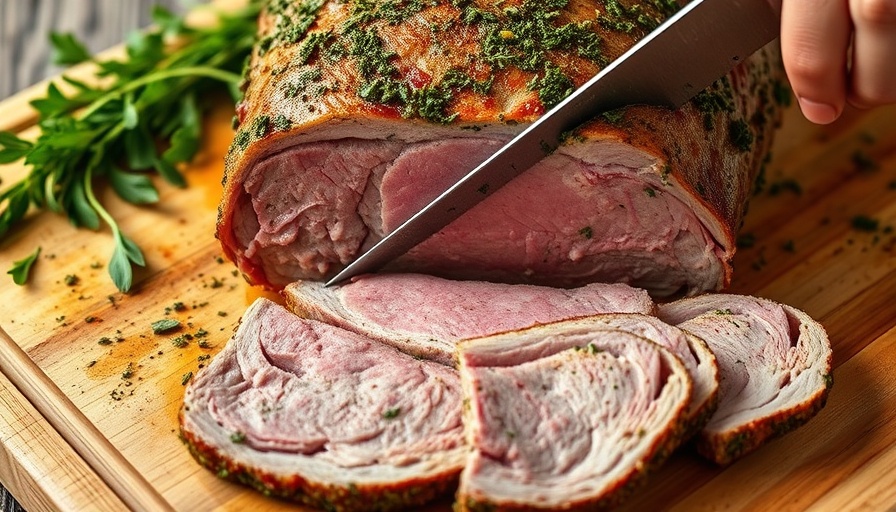 Juicy leg of lamb recipe being sliced on a cutting board.
