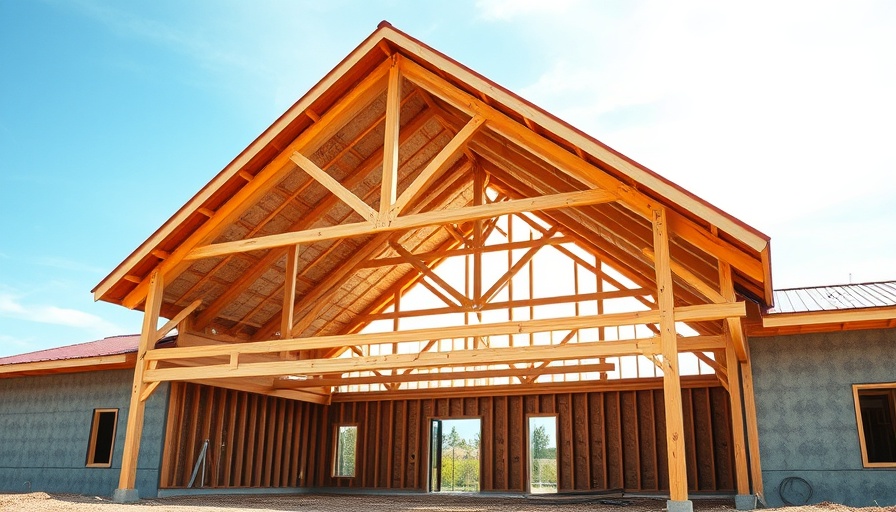 Modern barndominium construction under clear sky.