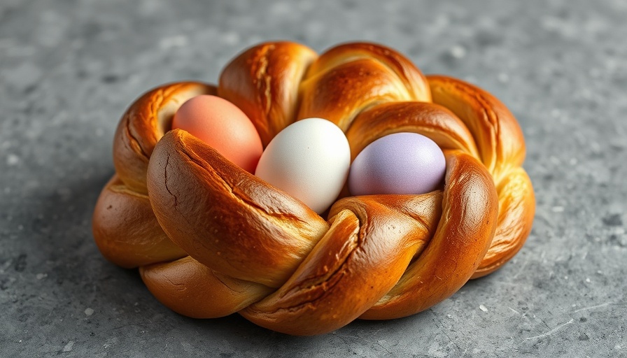 Easter Bread Recipe: Braided loaf with colored eggs on a gray surface