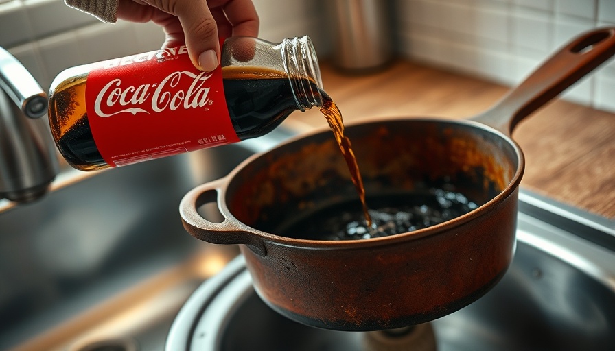 Coca-Cola home improvement hacks: cleaning a skillet with soda in a kitchen.