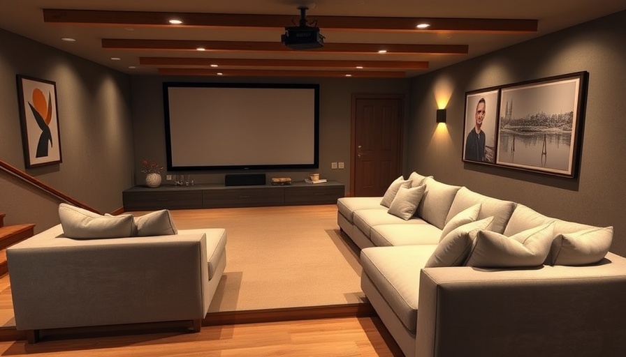 Modern basement home theater with cozy seating and projector.