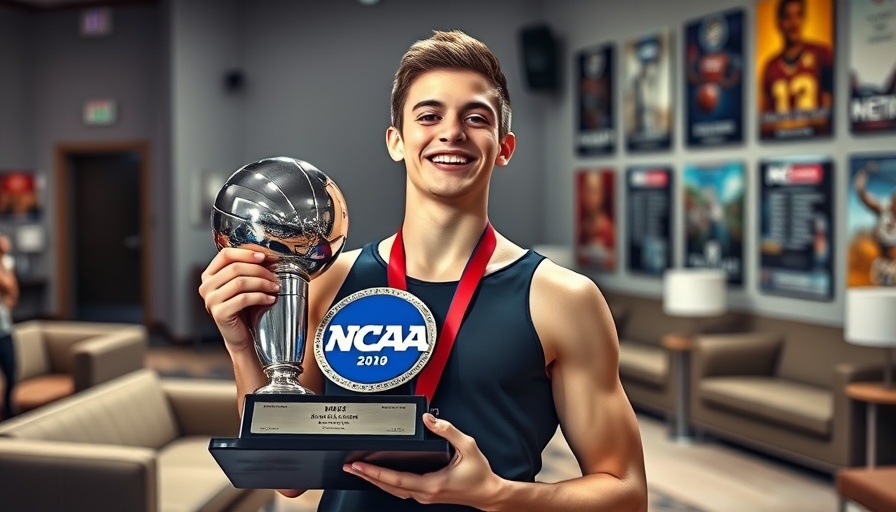 Michigan Men's Gymnastics team celebrating with NCAA trophy.