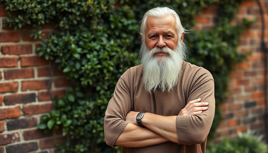 Elderly man in robe in front of brick wall, Solanus Casey.