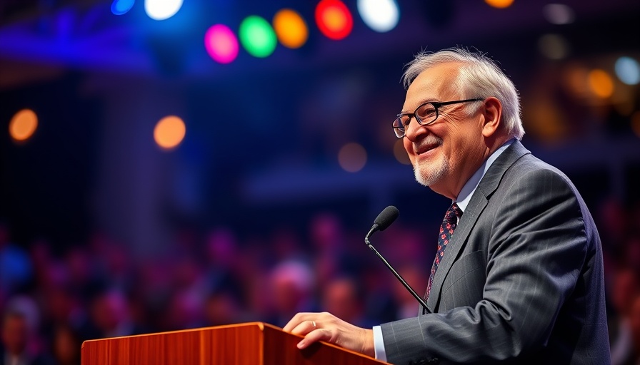 Speech by an elderly man at a podium, colorful background.