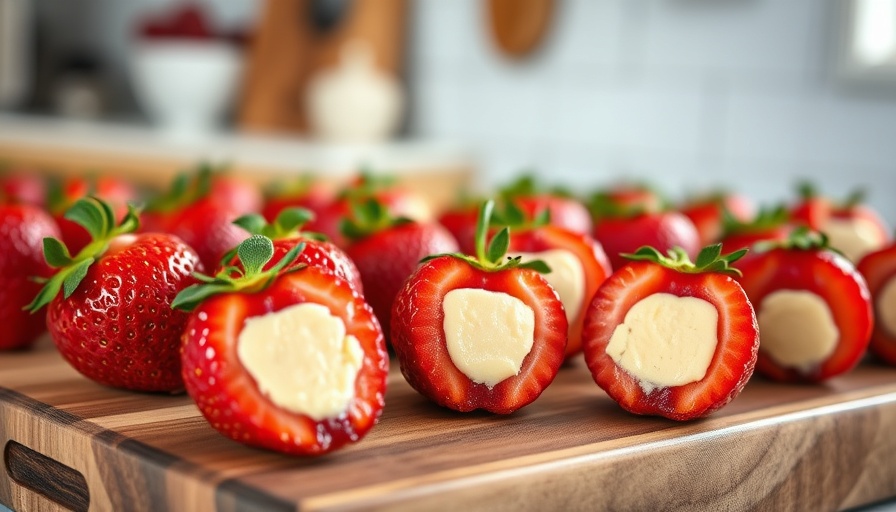 Cheesecake stuffed strawberries on a wooden board, close-up.