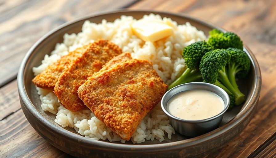 Crispy Parmesan crusted chicken with rice and broccoli on a rustic plate.