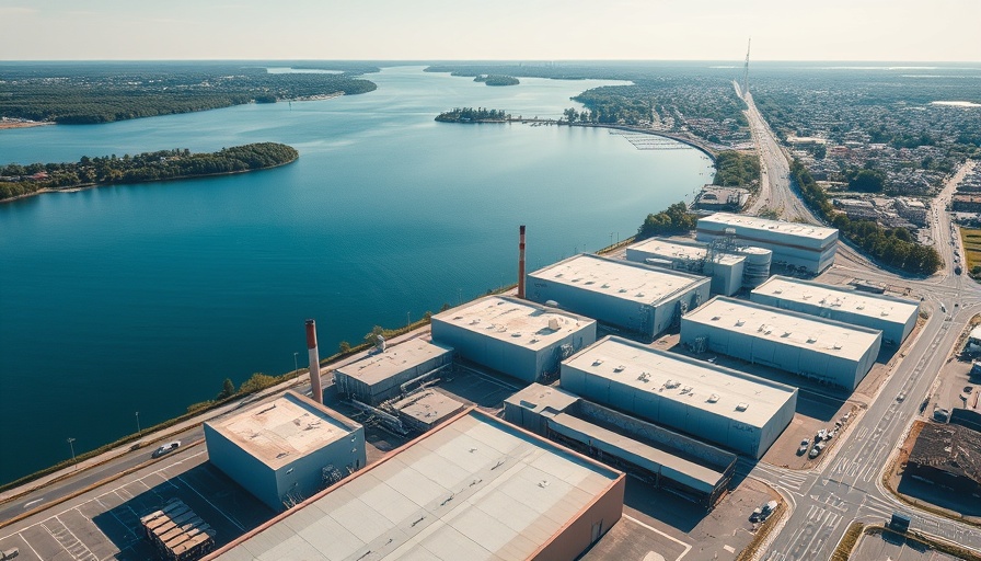 Michigan news funding urban projects: Aerial view of industrial buildings by a lake.