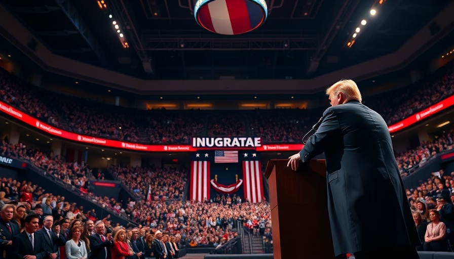Prominent speaker in a crowded arena at a presidential inauguration event, Michigan News.