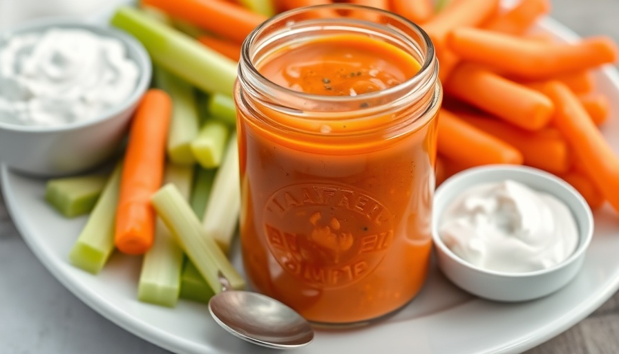 Colorful homemade buffalo sauce in jar with vegetables.