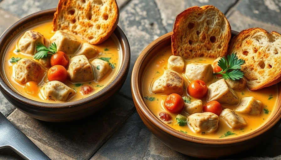 Creamy slow cooker chicken stew with vegetables and bread.