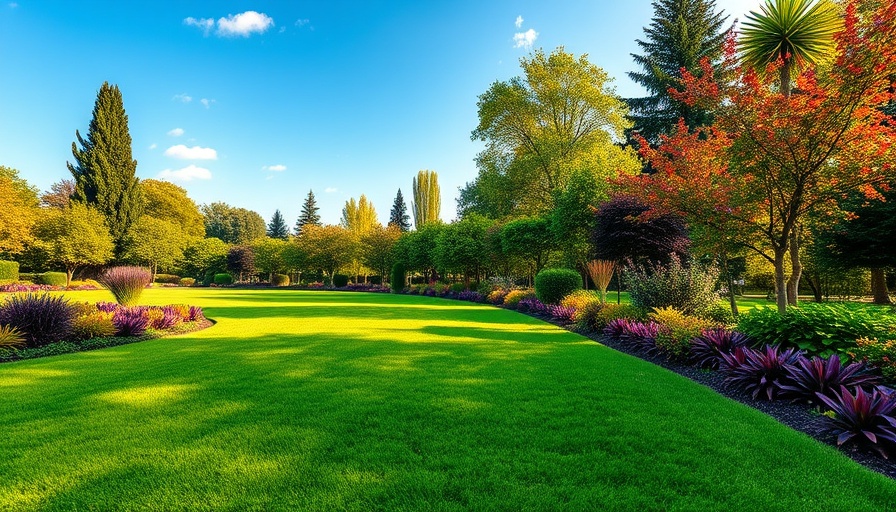 Lush green lawn and trees illustrating lawn care tips for beginners.