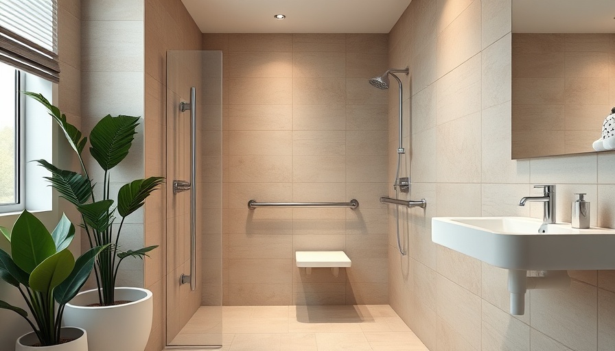 Modern accessible bathroom design with beige tiles and minimalist fixtures.