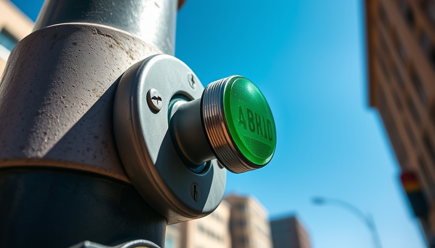 Crosswalk button in bright sunlight, clear urban setting.
