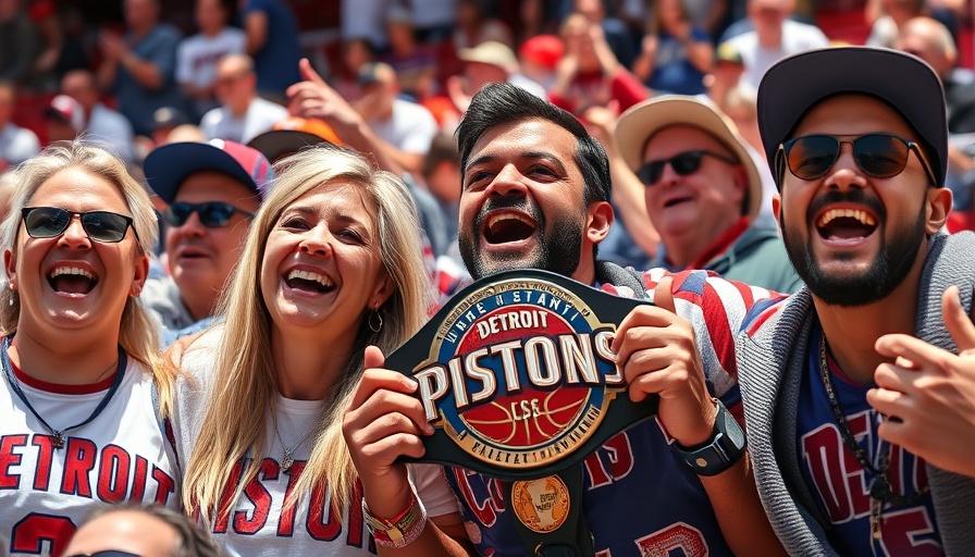 Pistons fans holding a championship belt at Detroit playoff game.