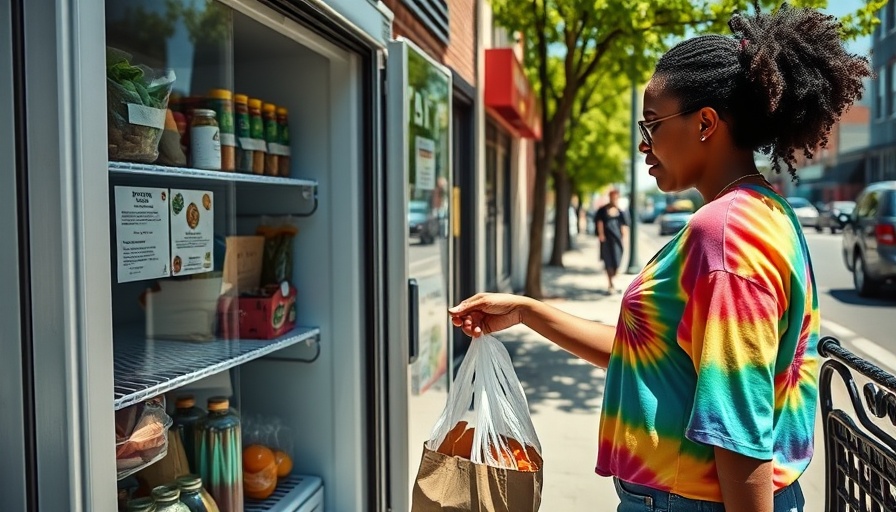 Women using community fridge in Detroit on a sunny day.