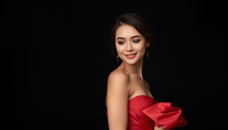 Sophisticated young woman in a red dress, softly smiling.