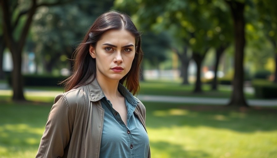 Serious young woman outdoors, determined expression, park setting.