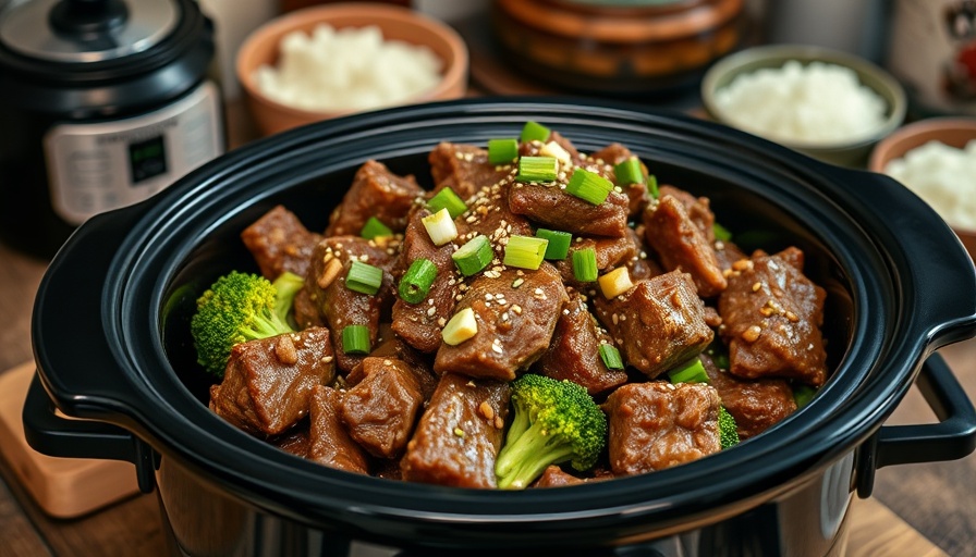 Slow cooker beef and broccoli in crockpot with rice side dish.