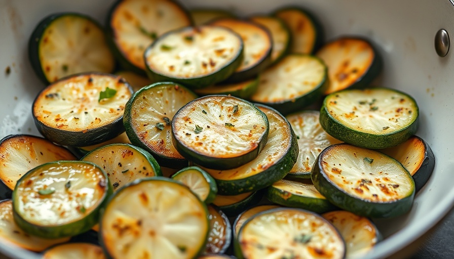Easy Pan-Fried Zucchini Recipe with seasoned slices in a skillet.