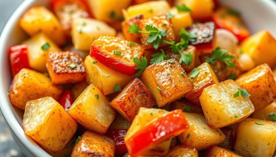 Crispy air fryer home fries with peppers and onions in a bowl.