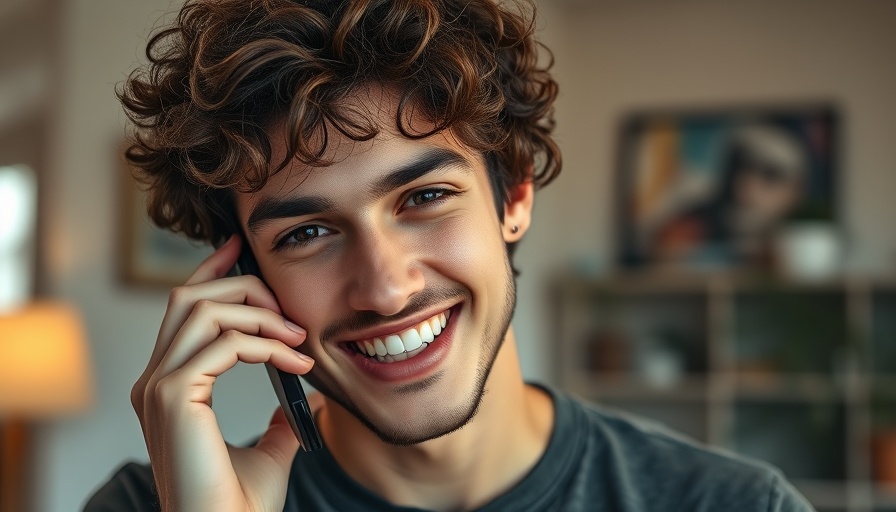 Excited young man on phone, indoor casual setting.