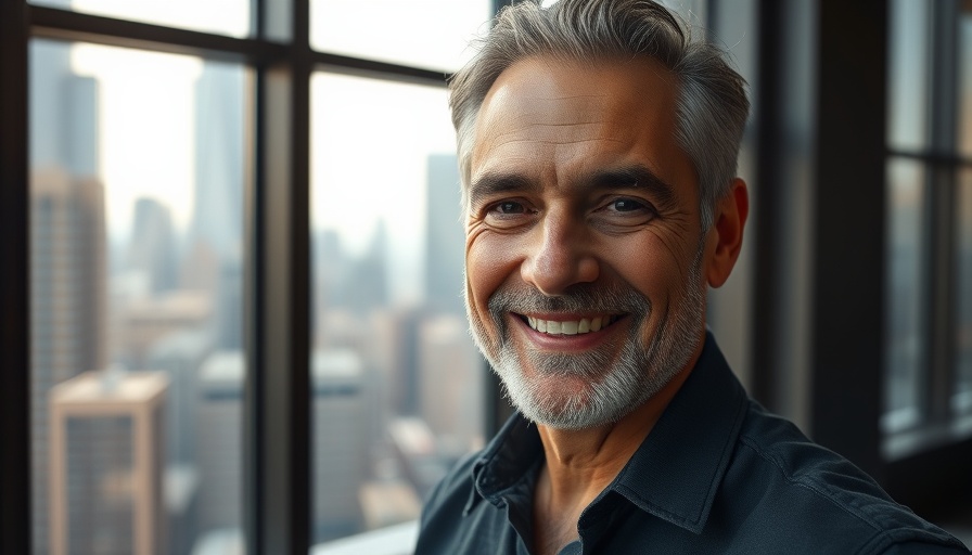 Portrait of a confident man with cityscape in background, related to solar energy in Michigan.